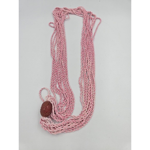 Vintage Multi-Strand Pink & White Seed Bead Necklace with Carved Cinnabar Focal - Picture 9 of 9